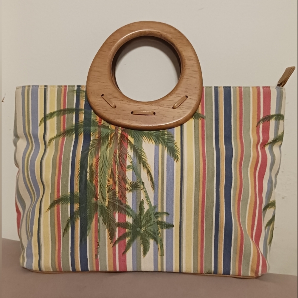 Relic By Fossil Canvas Palm Tree Tropical Striped Satchel Handbag Wood Handles